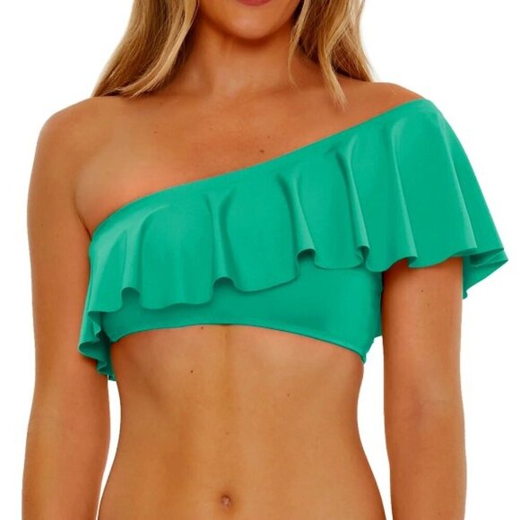 Trina Turk 'Monaco' One-Shoulder Ruffled Bikini Top, Guitar Green - Picture 1 of 4